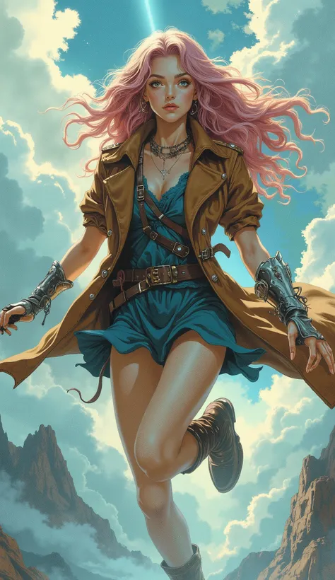 Masterpiece, award-winning, imaginative realism. A stunning young woman, an ethereal fantasy-western ranger, leaping and soaring with elegant power through an ethereal expanse of swirling, volumetric clouds and mist.
Her face, a delicate oval, features fla...