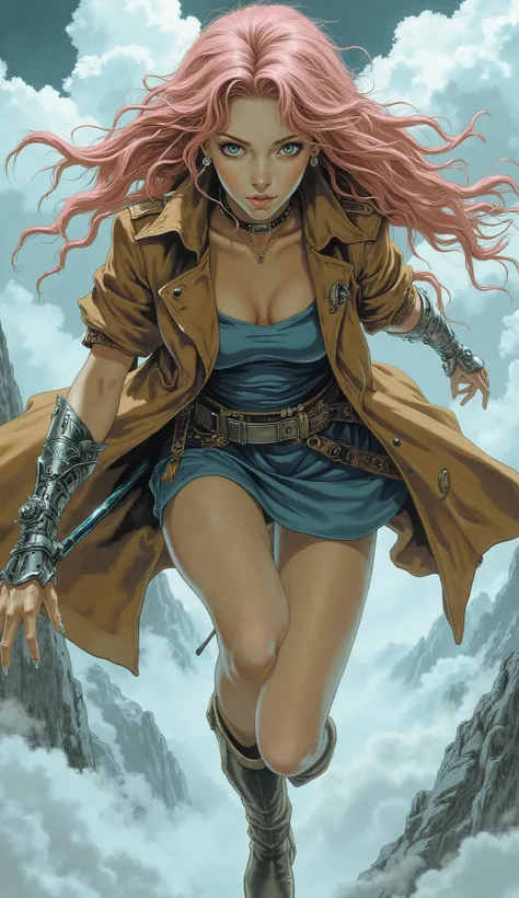 A stunning young woman, her face a delicate oval, framed by cascading long, curly pink hair. Slender eyebrows arch over crystal-clear eyes that hold a captivatingly dazed yet innocent gaze; fair skin. She wears a knee-length, tight-fitting, short-sleeved b...