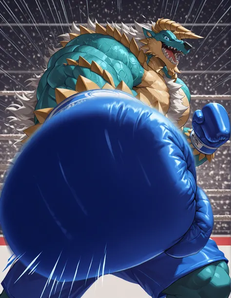 high quality, b0xingp0v, mercilessly punching_the_viewer, foreshortening, motion blur, blue boxing gloves, blue boxing shorts, depth of field, extreme perspective, extreme closeup, closeup, action shot, boxing, dynamic punching pose, motion lines, impact l...