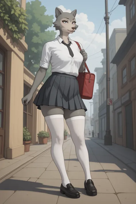 Anthropomorphic wolf girl,  grey fur, mother, skirt, white stockings, thighs, shoes