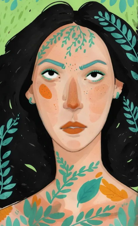 1boy, 2d art, flat colors, detailed faces, simple black eyes, gouache texture, half body portrait, gouache painting, vibrant colors, skin freckles, thick gouache render, novuschroma57 style cartoon, in gougoupaintleaves, FRESHIDEAS Illustration No. 12, Ill...
