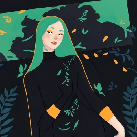 1girl, 2d art, flat colors, full body portrait, black clothes, dynamic poses, simple black eyes, gouache texture, full body portrait, gouache painting, vibrant colors, chiseled features, thick gouache render, novuschroma57 style cartoon, in gougoupaintleav...