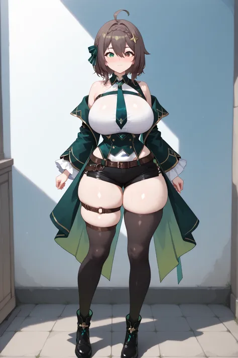 Solo, Meica05, big breasts, small waist, wide hips, big ass, heterochromia, green eyes, (brown eye), brown hair, short hair, hair ornament, hair between eyes, braid, ahoge, ribbon hair, green ribbon, green necktie, off shoulder, green dress, long sleeves, ...
