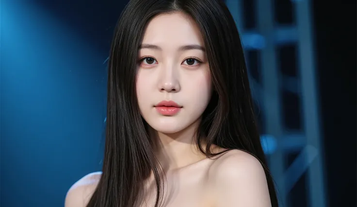 a shoulder-up candid photo of a 20-year-old Korean woman on a real concert stage, photographed with a DSLR, natural lighting, detailed skin texture, soft background blur, minimal or stage makeup, unique facial features, ultra photorealistic, not digital ar...