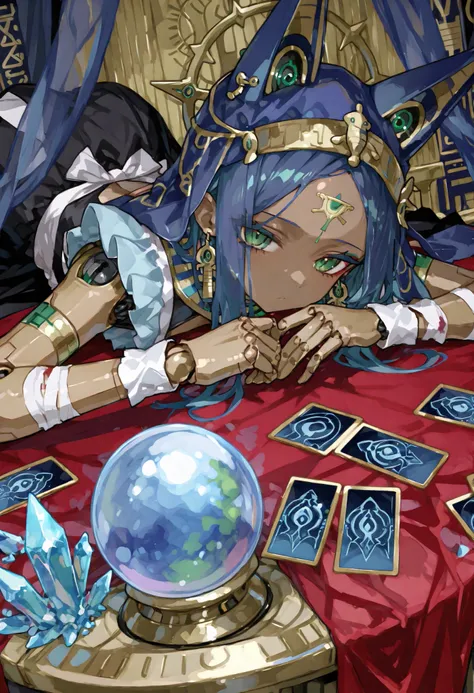 Maid Outfit。Blue hair。Forehead。green eyes。Mechanical joints。Please bring the machine body 。Egyptian Style Earrings。Brown skin。long skirt。Bandaged。Telling fortunes。Blue veil。 crystal ball 。Red Cloth Round Table。face to face。Expand your tarot cards。stretches...