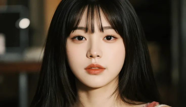 a shoulder-up candid photo of a 20-year-old Korean woman on a real concert stage, photographed with a DSLR, natural lighting, detailed skin texture, soft background blur, minimal or stage makeup, unique facial features, ultra photorealistic, not digital ar...