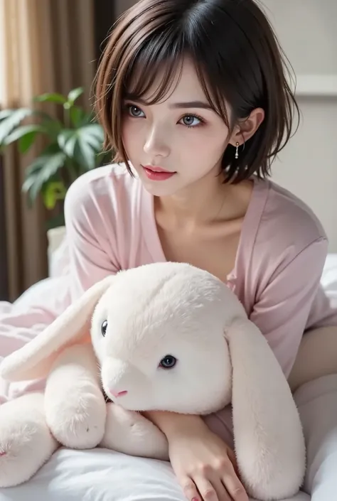 bed that is taller than a person,1 woman,stuffed rabbit in hand:Super huge、Mofumofuna、Deformed、cute, silk pajamas,short hair,long slant eyes,Foxy face,kind smile