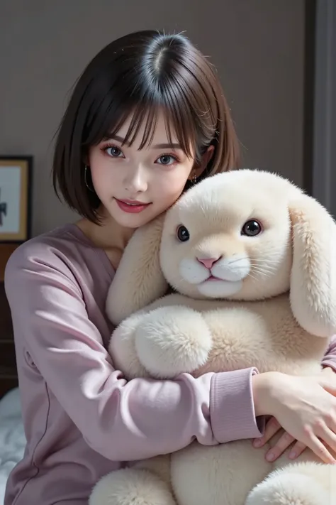 bed that is taller than a person,1 woman,stuffed rabbit in hand:Super huge、Mofumofuna、Deformed、cute, silk pajamas,short hair,long slant eyes,Foxy face,kind smile,night