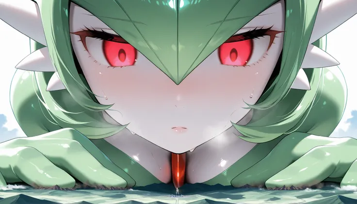 (masterpiece, Highest quality, Ultra-high resolution), Pokemon, Gardevoir, Adult woman body, white shiny skin, latex skin, white and green latex suit, (Sweat) , (steamy), glossy skin , shiny skin , glistening skin, Macro, Giantess, Landscape, Aerial Persp...