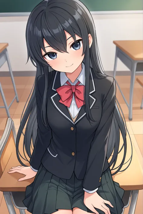 1 girl, high quality, highres, anatomically correct, highschool girl, school uniform, class, long hair, cute, first person view, medium chest, desk, hand on desk, soft smiling, black hair, soft blush, tilted head