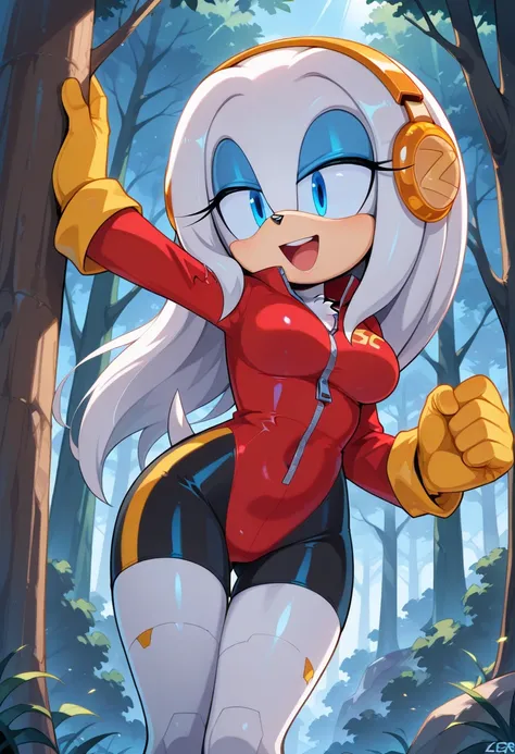 score_9, score_8_up, score_7_up, score_6_up, score_5_up, score_4_up, source_cartoon, source_furry, anthro, solo, 1girl, Zeta_r02, from sonic, middle breasts, anthro, furry female, from sonic, white body, yellow headphones, blue eyes, robot, long hair, black shorts, red bodysuit with zipper, yellow gloves, black bottom of suit, forest, trees, standing, happy, action posing, open mouth