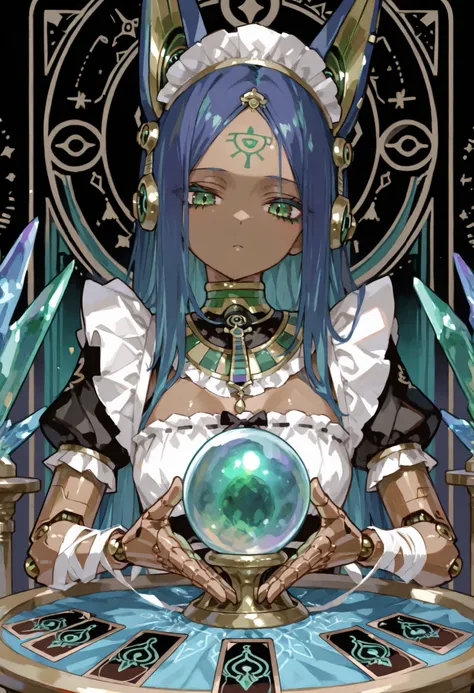 Maid Outfit。long blue hair。Forehead。green eyes。Mechanical joints。Please bring the machine body 。Egyptian Style。ear headdress。Brown skin。Bandaged。Fortune telling。 crystal ball。round cloth table。front。Expand your tarot cards。 hands。upper body