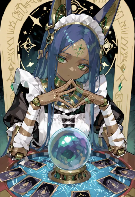 Maid Outfit。long blue hair。Forehead。green eyes。Mechanical joints。Please bring the machine body 。Egyptian Style。ear headdress。Brown skin。Bandaged。Fortune telling。 crystal ball。round cloth table。front。Expand your tarot cards。 hands。upper body。Mysterious