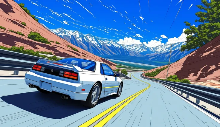 noon、Mountain pass、90Era、Nissan 300ZX、Pure white car body、sense of speed