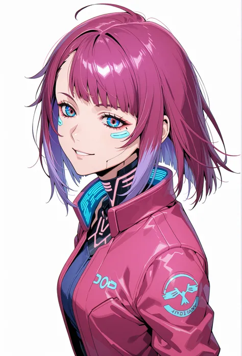 DOPE CYBERPUNK ANIME JAPAN ANDROID GIRL FEMALE V ON THE WHITE BACKGROUND, FULL OF DETAILS, CHARISMATIC, INTELIGENT RED PINK PURPLE, REBEL