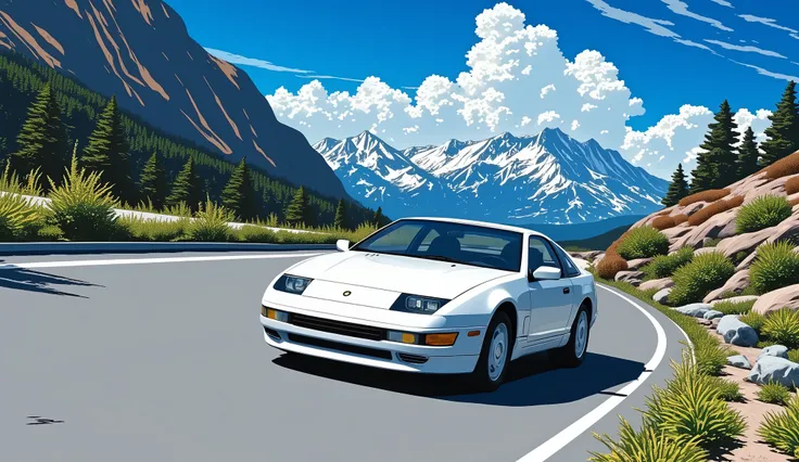 noon、Mountain pass、90Era、Nissan 300ZX、Pure white car body、Angle of view from the front of the car、Angle of view from the front left