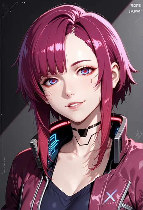 DOPE CYBERPUNK ANIME JAPAN ANDROID GIRL FEMALE V ON THE graphite BACKGROUND, FULL OF DETAILS, CHARISMATIC, INTELIGENT RED PINK PURPLE, REBEL