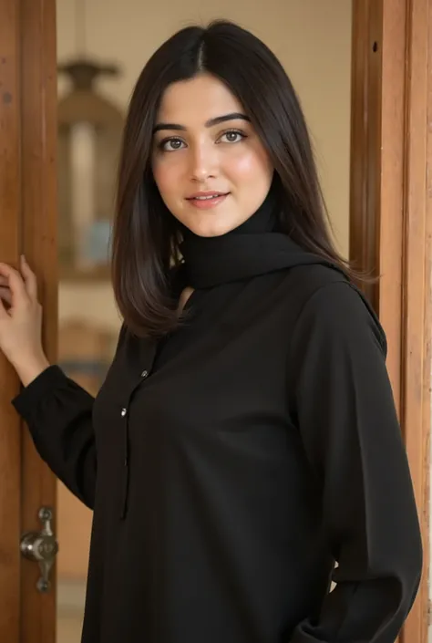 Girl in Hijab, Opens her door, Looking visiter with Smile, Shy, Black Long Hair, Fair Complex, Hijab, Beautiful Tight Kurti, Big Breast but slim body, Revealing cleavage, full light room, Light Make up, Smile