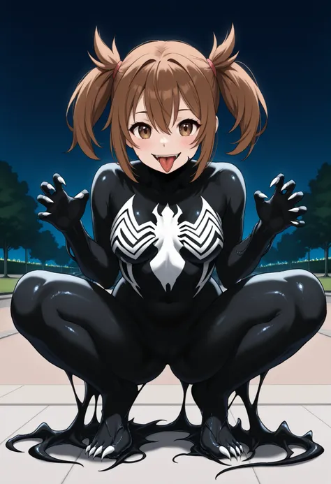  brown-haired girl with 2 pigtails wearing the black costume of the symbiote Venom full body with claws on her feet and hands while she squats in a park at night showing her butt while looking at you smiling sticking out her tongue 