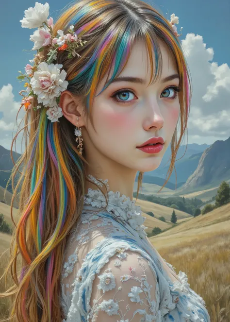 oil painting by Amedeo Modigliani and Gustav Klimt。 cute girl、rainbow-colored hair、big eyes、cute face、Girl on an escalator extending from the prairie to the sky、and look at me、An escalator so high that it can't be seen in the clouds、Twilight Zone、otherworl...