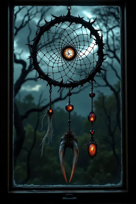 Dreamcatcher made of twisted black thorn branches with sharp bloodstained thorns, tightly woven web from silver-gray human hair, suspended elements: cracked glass beads shaped like eyes, two long human fangs with roots, corroded wolf claw with deep fractur...