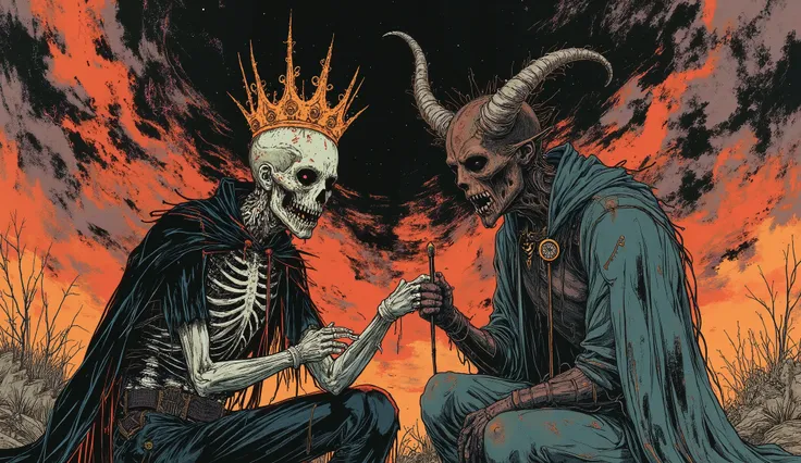 The Skeleton King and Lucifer are talking on a pile of s, Fantasie, , Elegant, hochdetailliert, zentriert, Analoge Messung, Painting of a, , voluminous lighting, nice, A masterpiece of rich and deep colors, scharfer Fokus, ultra - detailliert, In the style...