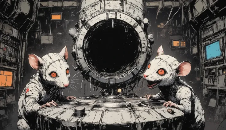 A futuristic room. There is a pedestal full of buttons and small screens in the middle. There is a black hole, That floats on the pedestal. Behind it are two laboratory rats with white heads, that admire the black hole. 