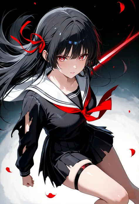  ((SOLO))high dynamic angle, anime-style illustration features a young woman,  Her expression is focused and intense, highlighted by striking red eyes and dark hair that flows around her face. She is adorned in a black and red outfit, with the top artistic...