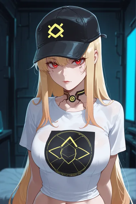 cyberpunk skinny sexy blonde tatooed cap white t shirt hacker  girl in dark room cracking code