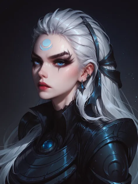 Diana, League of Legends, Goth girl, long silver hair, blue eyes, highly detailed, neutral background, illustration.
