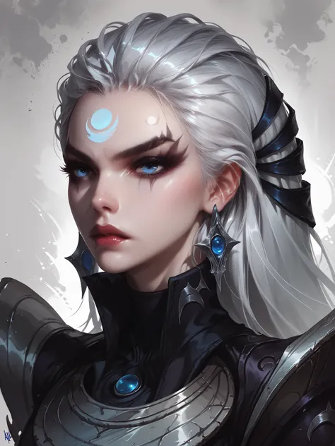 Diana, League of Legends, Goth girl, , upper body, long silver hair, blue eyes, highly detailed, neutral background, illustration.