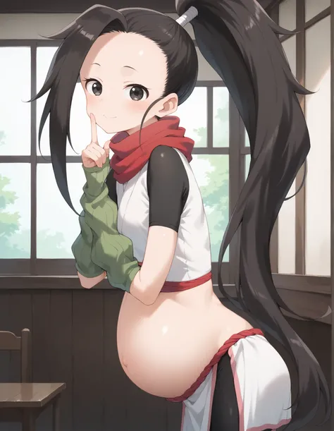 (masterpiece)(8k),kunotsubaki, black eyes, black hair, long hair, asymmetrical bangs, forehead, high ponytail, ponytail,(small breast)(slim body)(white crop top)(black sleeves)(short sleeves)(red scarf)((bike shorts))(white pelvic curtain)(green grove)(fin...