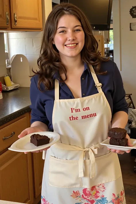 Amateur iph0ne photograph, Melody is a beautiful, angelic, skinny woman. She has long thick wavy dark brown hair, blue eyes, and large breasts.  She is wearing a navy blue scoop neck shirt that reveals cleavage and a floral skirt that compliment her slim f...