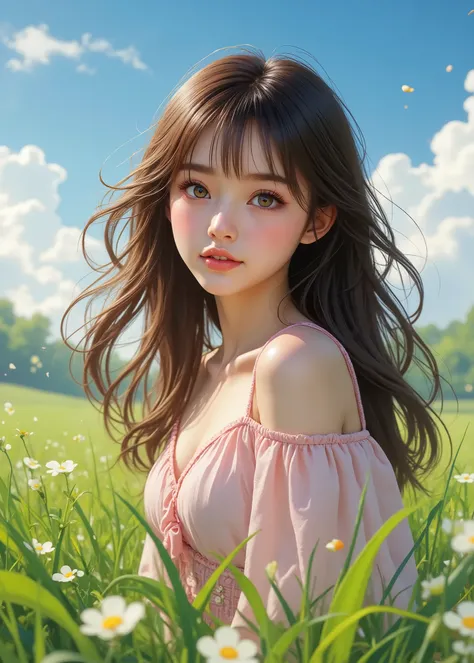 cute girl、Brown hair with bangs、cute face、big eyes、long eyelashes、pretty clothes、cute pink sandals、Beautiful legs、Spring grassland、blue sky and white clouds、High Quality、high definition