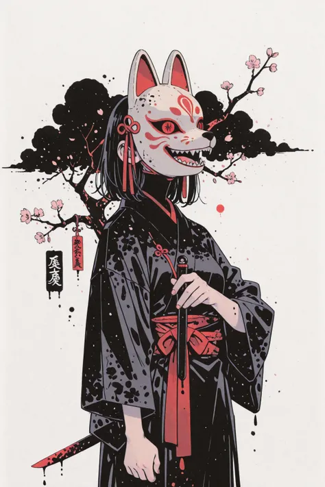 quiet night,In the dim space of a dream、A female hunter wearing a fox mask stands,A misty shrine,The hunter crouches and watches the dream world from the shadows and darkness,The posture is quiet and tense, with minimal movements,🦊The surface has a red or gold pattern on a traditional white background,Sharp eyes and a smiling mouth,Create a mysterious and eeriness,Japanese clothing and hunting clothes、The costume is in muted colors such as black with crimson accents,Clouds on the hem and sleeves、Wave、Adding Japanese patterns such as lightning,knives,Japanese-style objects such as talismans and magatama float around the hunter,knivesの鍔や鞘に狐の意匠をあしらう,Expressing the darkness of a dream,A faint mist or shadow at the feet、Floating Light（Wisp and fox fire）Place,Cherry blossoms falling around the hunter 、Dancing scraps of talismans、Adding tranquil movement,The eyes behind the fox mask cannot be seen,The red glow emphasizes the eeriness,illuminates only part of the moonlight and blends into the dark except for her face and hands,The pale light and red accents create an atmosphere that blurs the boundary between dream and reality,Making use of white space and shadow,  ink manga  ,   Manga Drawn with Ink    , Japanese mourning kimono  ,  Mixed ink and manga style ,  ink paint style,     Ink Artwork    ,万年筆  ink manga  , Ink drawing, Draw with a brush  ,  Contrast between details and blur , Black Ink Paintings  , Ink drawing,  Japanese ninja costume ,  afterimage,  blurry background,Ninjutsu production,character design art