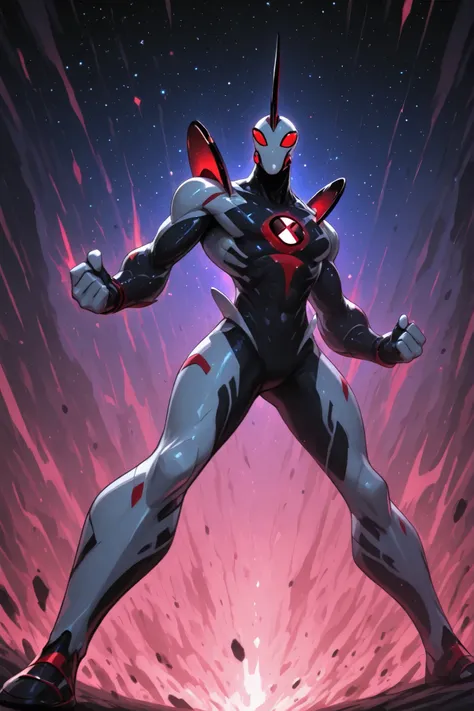 A fusion of Waybig and alien x character standing in a dynamic pose ready to fight, black starry body, high quality, 8K ultra HD