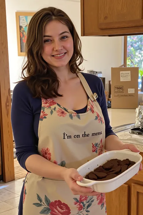 Amateur iph0ne photograph, Melody is a beautiful, angelic, skinny woman. She has long thick wavy dark brown hair, blue eyes, and large breasts.  She is wearing a navy blue scoop neck shirt that reveals cleavage and a floral skirt that compliment her slim f...