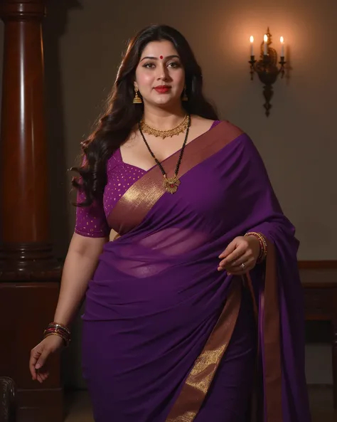 A beautiful, seductive, sensuous, voluptuous, curvy South Asian woman in her early 40s with an oval face, soft jawline, and dusky, glossy skin. busty aunty body, large bust, wide hips, soft curves, round belly, beautiful dusky glossy skin. Seductive gaze. ...