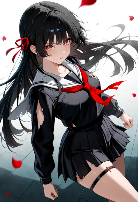  ((SOLO))high dynamic angle, anime-style illustration features a young woman,  Her expression is focused and intense, highlighted by striking red eyes and dark hair that flows around her face. She is adorned in a black and red outfit, with the top artistic...