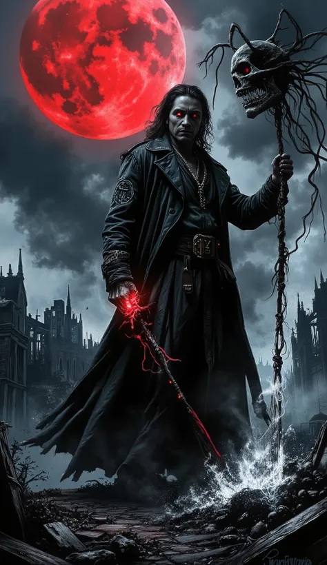 A dark, gothic hunter wearing a tattered trench coat and glowing runes on their arms, standing on a crumbling rooftop under a blood-red moon. Around them swirl eerie, shadowy entities with distorted faces, trying to escape. The hunter holds a glowing, arca...