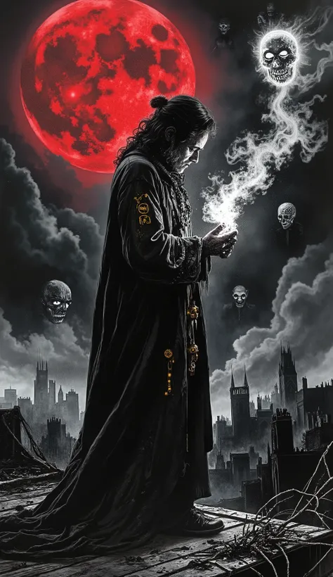 A dark, gothic hunter wearing a tattered trench coat and glowing runes on their arms, standing on a crumbling rooftop under a blood-red moon. Around them swirl eerie, shadowy entities with distorted faces, trying to escape. The hunter holds a glowing, arca...