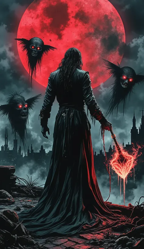 A dark, gothic hunter wearing a tattered trench coat and glowing runes on their arms, standing on a crumbling rooftop under a blood-red moon. Around them swirl eerie, shadowy entities with distorted faces, trying to escape. The hunter holds a glowing, arca...
