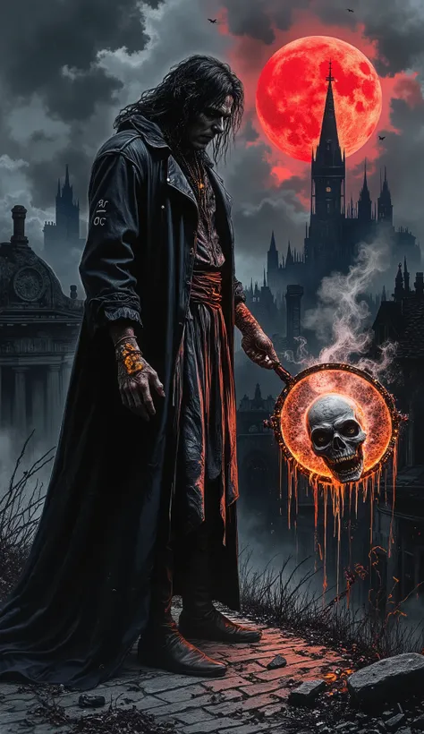 A dark, gothic hunter wearing a tattered trench coat and glowing runes on their arms, standing on a crumbling rooftop under a blood-red moon. Around them swirl eerie, shadowy entities with distorted faces, trying to escape. The hunter holds a glowing, arca...