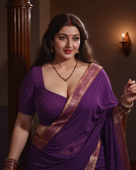 A beautiful, seductive, sensuous, voluptuous, curvy South Asian woman in her early 40s with an oval face, soft jawline, and dusky, glossy skin. busty aunty body, large bust, wide hips, soft curves, round belly, beautiful dusky glossy skin. Seductive gaze. ...