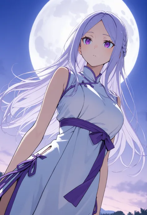 score_9 , score_8_up , score_7_up, solo, 1girl, emilia, braid, long hair, light purple hair, parted bangs, purple eyes, tai chi clothes, sleeveless, white outfit, coboy shot, dutch angle, outdoor, moon
