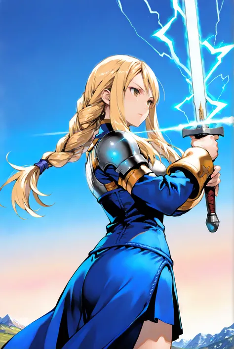 ((masterpiece, Highest Quality, high resolution, detailed CG integrated 8K wallpaper,ultra detail)),1Girl,sword guard stance,electrokinesis,Final Fantasy Tactics Agrias。The background is a fantastic and idyllic mountain top that emits Warriors lightning th...