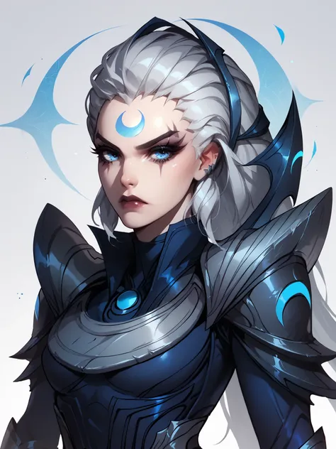 Highly detailed, stylized digital illustration, Diana, league of legends, goth girl, long silver hair, blue eyes, dark armor with silver and blue details, crescent-shaped shoulder pads and greaves, neutral background, front view, upper body illustration.