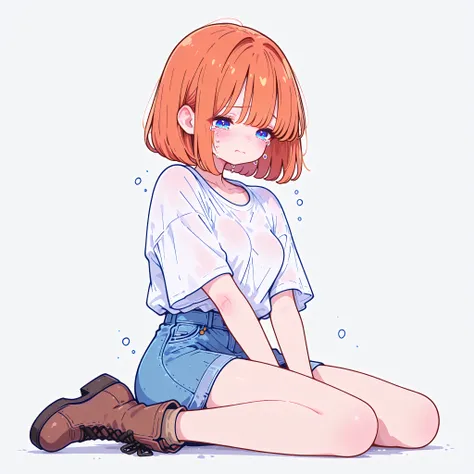 bob hair, orange hair, blue eyes, white loose T-shirt, denim skirt, brown boots, masterpiece, best quality, ultra detailed, high resolution, intricate details, sharp focus, smooth shading, professional lighting, clean lineart, anatomically correct, beautif...