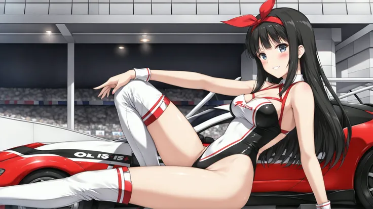 older sister, anime, biologically correct, ((Long Black Hair)), Beauty, strict, Years on, ((small red ribbon in hair)), smiling, OL, ((grid girl)), ((Paddock area)), ((Race Queen)), ((High leg)), medium breasts, model-like body, attractive thighs, curvi, m...