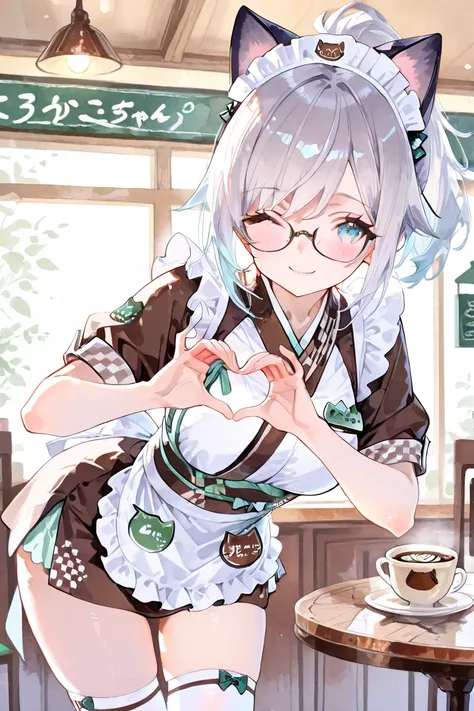  (( Highest Quality )), ((masterpiece)), ( details), watercolor,cute coffee shop waitress,glasses,cat shaped name plates,Short kimono ,Short sleeve,Maid Outfit,knee-high socks that hide in knits,Grey Jagged Ponytail, heart hands,Smile Yan,Close One Eye,beautiful girl leaning forward,heart effect,There is a table in the foreground